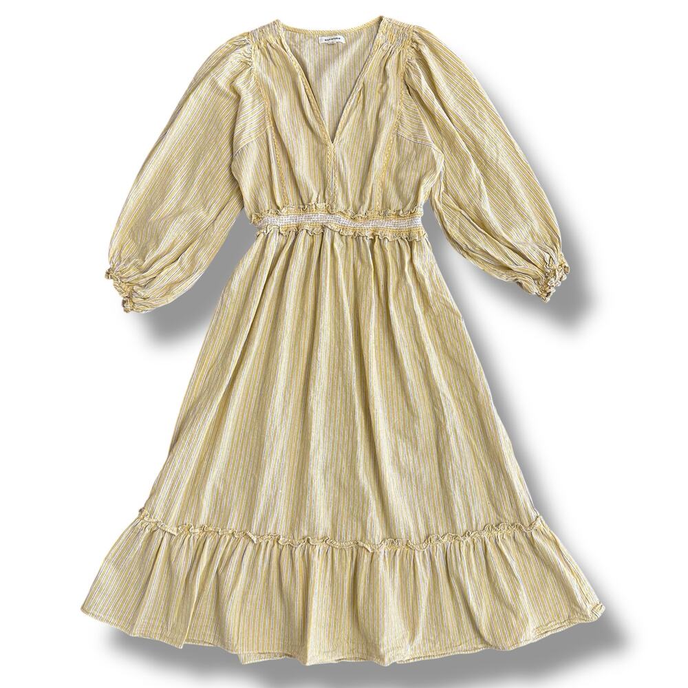 Max Studio Yellow Striped Cotton Smocked Midi‎ Dress Size S Peasant Cottagecore